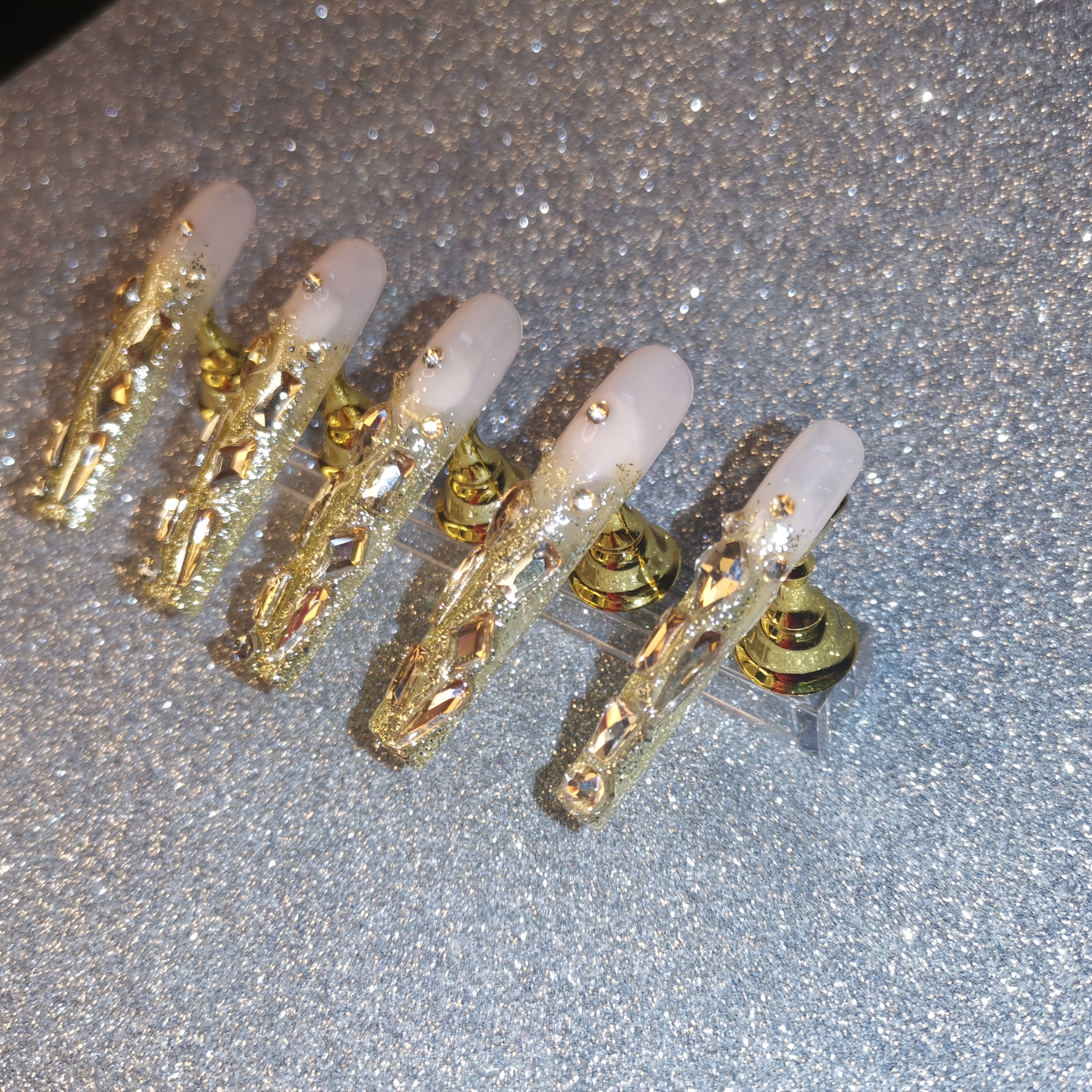 Luxury 10pcs Set Handmade Champagne Golden Full-Coverage Rhinestone Extra-Long Press-On Nails | Party & Salon Accessories | Festive Gift for Women | Golden Glam Art Nails with Ultra-Sparkling Hand-Set Crystals